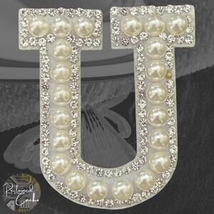 Letter U White Faux Pearl Iron On Patch